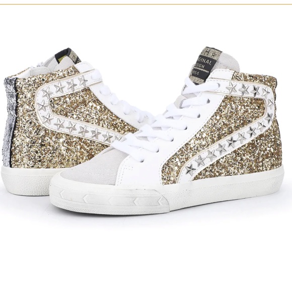NEW $130 GIRLS Vintage Havana Ava suede gold glitter high tops - Picture 3 of 8
